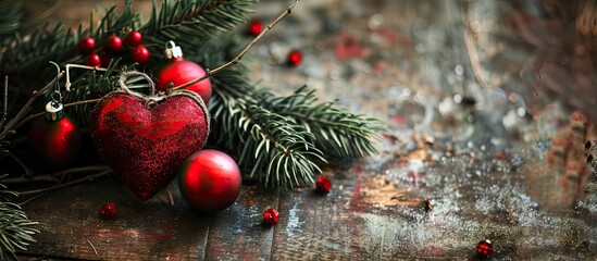 Leinwandbilder - A rustic heart and Christmas tree baubles on a background featuring a copy space image