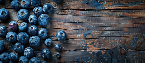 Poster - Rustic wooden surface featuring fresh blueberries with copy space image