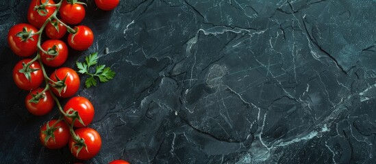 Aufkleber - Copy space image with fresh and tasty cherry tomatoes on a dark stone background