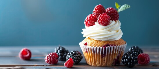 Aufkleber - Homemade birthday cupcake adorned with fresh raspberries and blackberries topped with cream on wooden desk against blue backdrop with copy space image