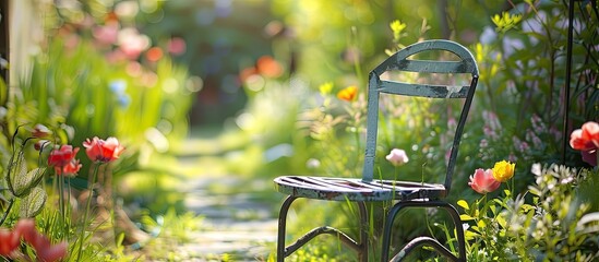 Poster - Metal chair in a spring garden with a delightful copy space image for picnics and birdwatching