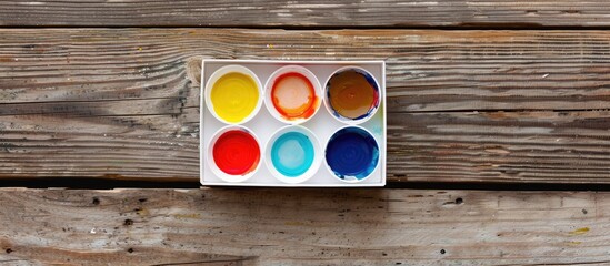 Sticker - Watercolor paint and brush are displayed neatly in a white plastic box on a vintage wooden surface seen from above with copy space image