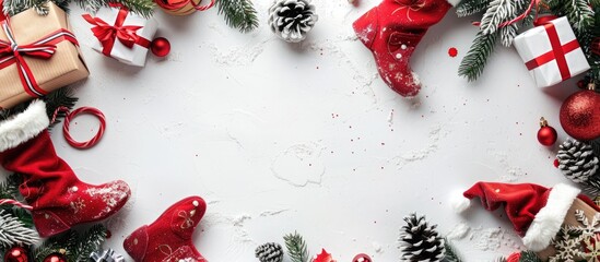 Poster - Holiday themed arrangement featuring Christmas decorations gift boxes Santa s boots and sleigh on a white backdrop Festive background with empty copy space for text