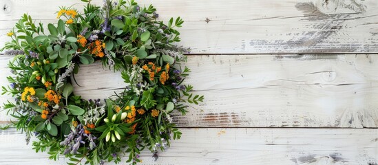 Poster - Copy space image featuring a herb and flower wreath atop a rustic white wood backdrop