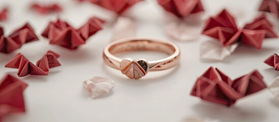 Leinwandbilder - A wedding ring adorned with origami hearts on a white background with space for additional images to be added