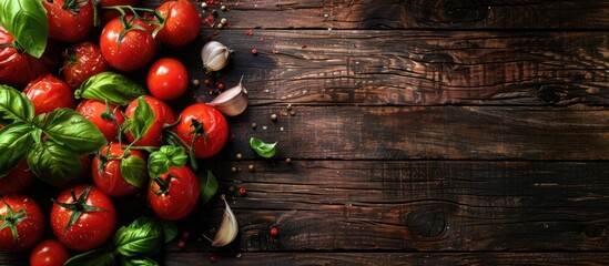 Poster - Italian cuisine ingredients like tomato basil and garlic on a dark wooden table top view with a space for text or other elements in the image. Creative banner. Copyspace image