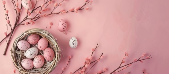 Aufkleber - Easter holiday card featuring a basket of eggs on a pink background adorned with pussy willow twigs with copy space for text Representing a spring themed mockup design with farm fresh healthy food in