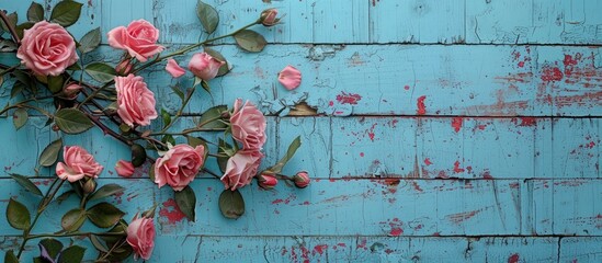 Poster - Vintage style roses on a blue wooden backdrop with copy space image
