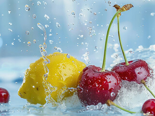 Wall Mural - Water splashing on cherries and lemons