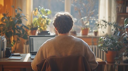 Rear view of young man using laptop computer checking email in morning at home : Generative AI