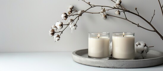 Aufkleber - Minimalistic presentation with a concrete tray holding white candles in glass jars paired with delicate cotton flowers suitable for a mockup with ample copy space image
