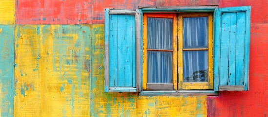 Poster - Wooden window display on wall with vibrant colors and copy space image