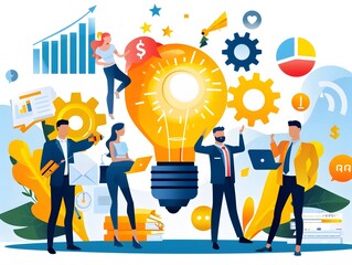 Wall Mural - business idea concept with light bulb, gears, and people.