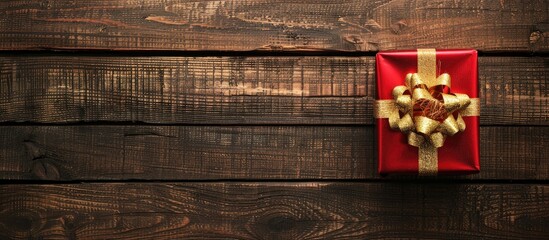 Aufkleber - A top view of a red gift box with a gold bow on a wooden table perfect for Christmas and New Year s Day celebrations with space for a picture. Creative banner. Copyspace image