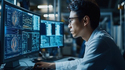 Poster - Professional engineering Industry 40 Modern Factory Project Engineer Operator who Controls Facility Production Line Uses Computer with Screens Showing AI Machine Learning Enhanced Asse : Generative AI
