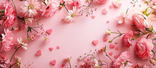 Aufkleber - A floral arrangement featuring pink flowers and hearts on a pink backdrop designed for a flat lay view with an open area for copy space image