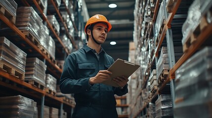 Wall Mural - Portrait of man warehouse worker wearing uniform and helmet safety standing with clipboard for checking stock products on shelves in warehouse factory store Logistics Distribution Cent : Generative AI