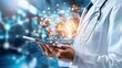© TEN.POD - Doctor using tablet with futuristic medical interface.