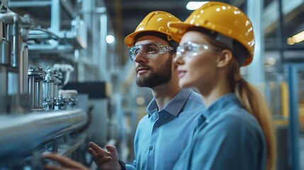 Poster - Female engineer and male production manager standing in modern industrial factory talking about production Manufacturing facility with robotics and automation : Generative AI