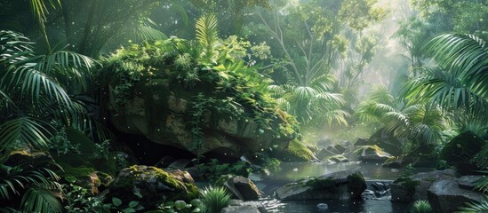 Poster - A picturesque rock surrounded by lush greenery near a flowing stream in the forest with a blank space for inserting an image. Creative banner. Copyspace image