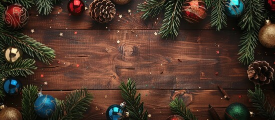 Poster - Festive backdrop with a Christmas theme featuring pine branches vibrant glass ornaments on a wooden surface Top down view with space for text or image insertion. Creative banner. Copyspace image