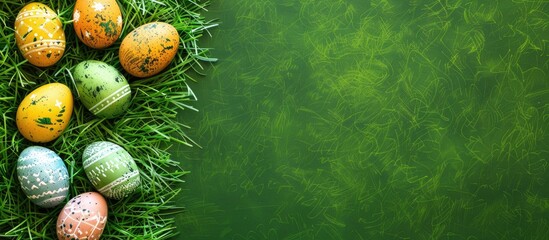 Poster - Easter eggs arranged on green grass with copy space image