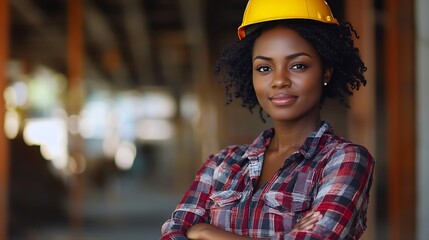 Aufkleber - Construction worker portrait and black woman with arms crossed for confidence engineering or project management Smile contractor and person for maintenance building renovation or archi : Generative AI