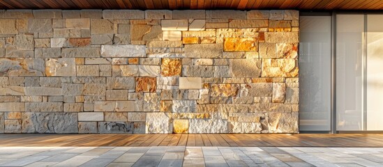 Fototapete - Renovated house wall shows insulation and stunning brick stone providing an attractive background for a copy space image