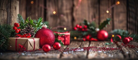 Fototapete - A festive Christmas scene featuring a vibrant red ornament holly branches and gifts on a rustic wooden backdrop Ideal for a greeting card with room for text Copy space image