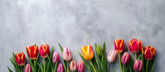 Fototapete - Fresh tulips arranged in a frame creating a spring background with a designated area for text in the image. Creative banner. Copyspace image