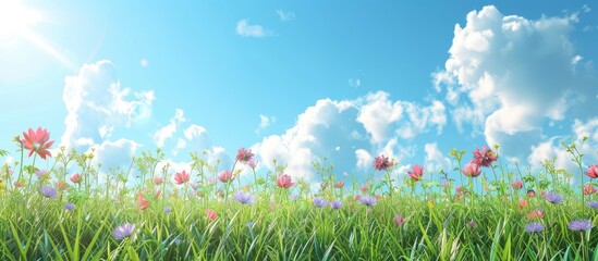 Leinwandbilder - Sunny day garden with clouds sky and flower grass as a natural copy space image background