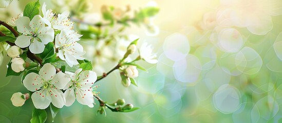Aufkleber - Springtime branch with white blooming fruit tree flowers providing a copy space image
