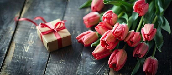 Poster - Tulips and a gift box displayed on a wooden table with copy space image