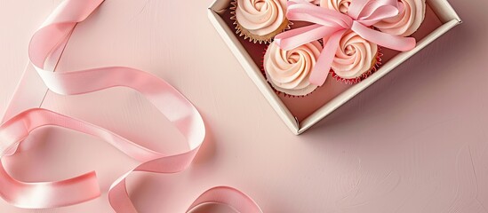 Aufkleber - Gift box adorned with a pink ribbon set on a light pink backdrop housing cupcakes with room for text seen from above in the copy space image