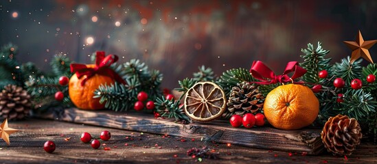 Poster - Festive Christmas scene with green tinsel dried oranges red berries pine cone gift with a red bow stars on wood board and space for a copy space image Happy New Year