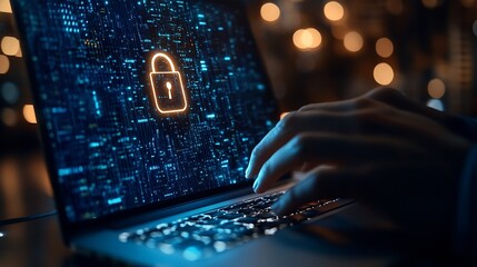 Fototapete - Cyber security network Data protection concept Businessman using laptop computer with digital padlock on internet technology networking with cloud computing and data management cyberse : Generative AI