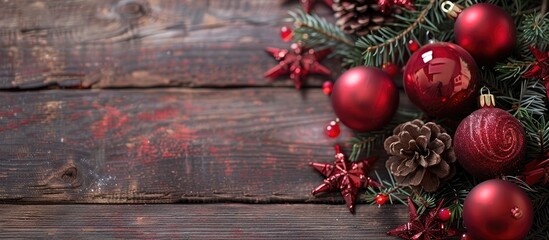 Poster - Festive Christmas tree decorations set against a rustic wooden backdrop with copy space image