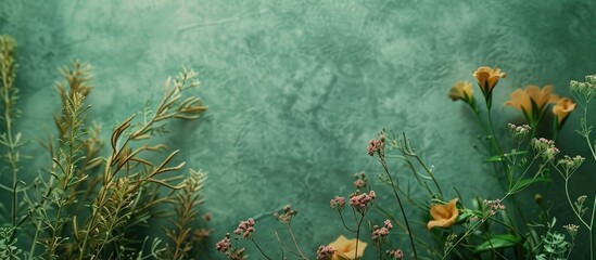 Leinwandbilder - Wild plants against a backdrop of green paper with empty space for placement of images. Creative banner. Copyspace image
