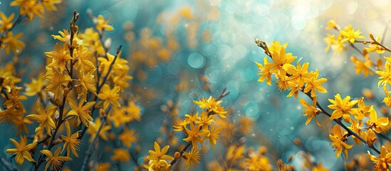 Canvas Print - Majestic nature featuring blooming yellow Forsythia intermedia shrub flowers with a fairy spring ambiance Ideal for copy space image