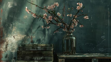 A blossom in a vase on crates