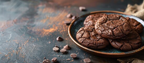 Fototapete - Plate of sweet chocolate cookies with copy space image