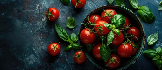 Aufkleber - An overhead view of a bowl filled with organic tomatoes leaves and Basil creating a picturesque copy space image