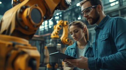 Fototapete - Business engineers meet and check control heavy machine robot arm Diverse Team of Industrial Robotics Engineers Gathered Around machine Professional Machinery Operator Use Industrial D : Generative AI