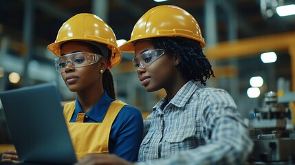 Leinwandbilder - Two Female Heavy Industry Employees in Hard Hats at Factory Discussing Job Assignments at Industrial Machine Facility Using Laptop Computer Asian Engineer and African American Technici : Generative AI