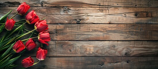 Poster - Red tulips resting on a vintage wooden surface provide a lovely composition in a rustic setting perfect for a copy space image