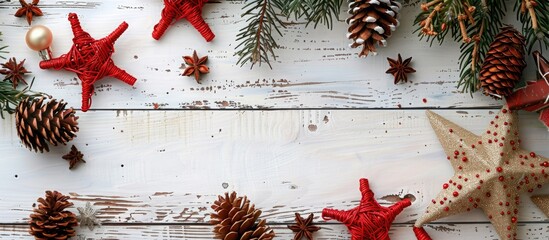 Aufkleber - A festive Christmas scene featuring red rattan stars cones and a white wooden backdrop Ideal for a greeting card with a top down view and space for text or images. Creative banner. Copyspace image