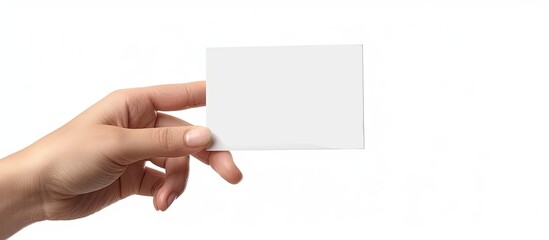 Wall Mural - A woman s hand holding a card with a blank space image set against a white background and isolated with a clipping path. Creative banner. Copyspace image