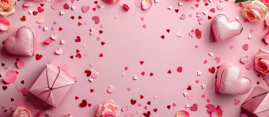 Leinwandbilder - Pink background decorated with heart shaped boxes flower confetti or potpourri perfect for a copy space image