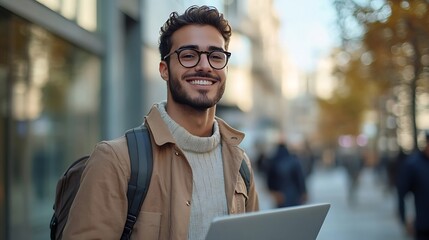 Leinwandbilder - Cheerful middle eastern young businessman in glasses with laptop and coffee to go walking by street towards modern office building going to job in the morning panorama with copy space : Generative AI