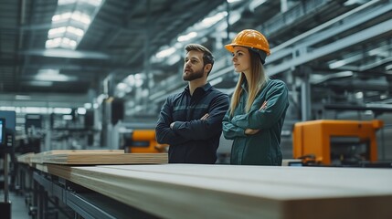 Poster - Female engineer and male project manager standing in modern industrial factory talking about production of wooden furniture Big furniture manufacturing facility with robotics and autom : Generative AI